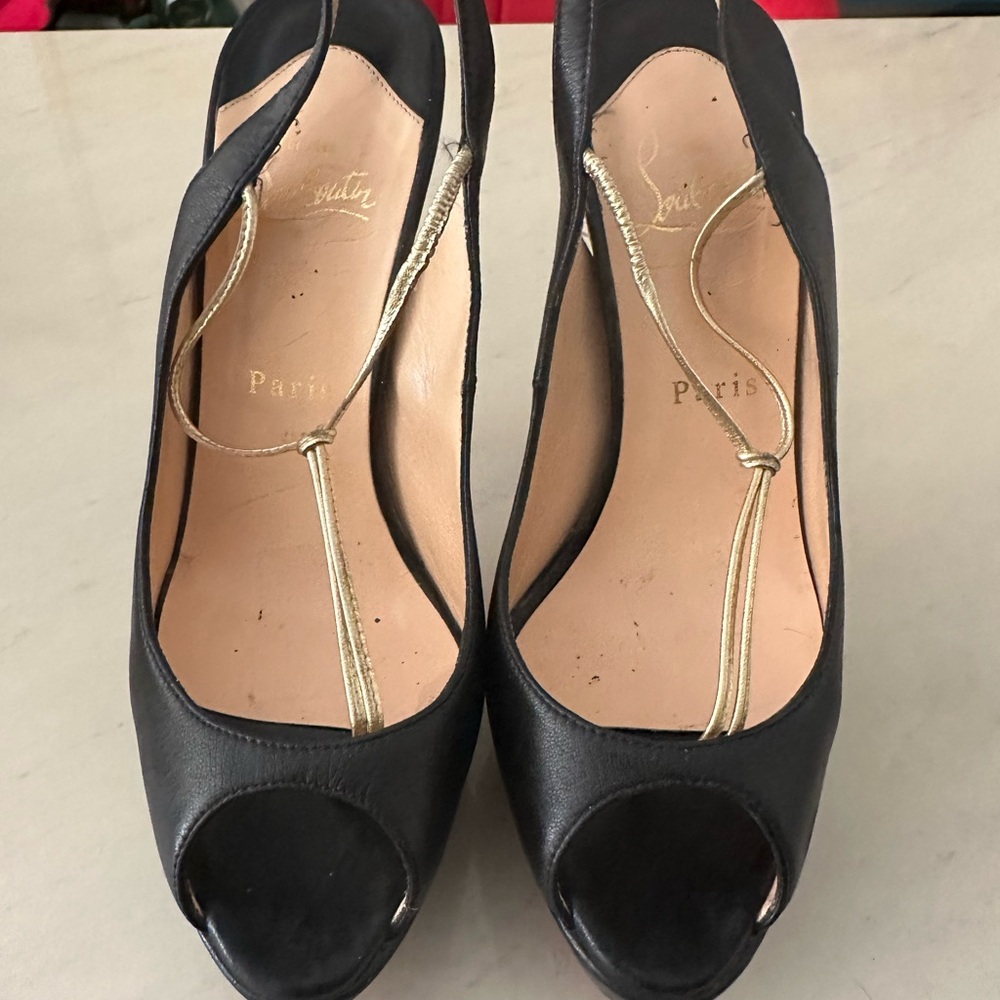 Christian  Louboutin Black and Gold Peep Toe Heels